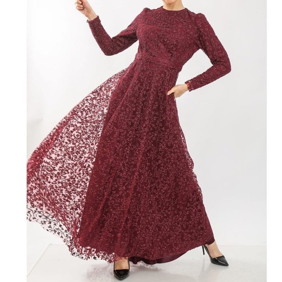 Elegant formal modest gown Red burgundy  sparkly Lace Women Dress sz 8 - Picture 6 of 11